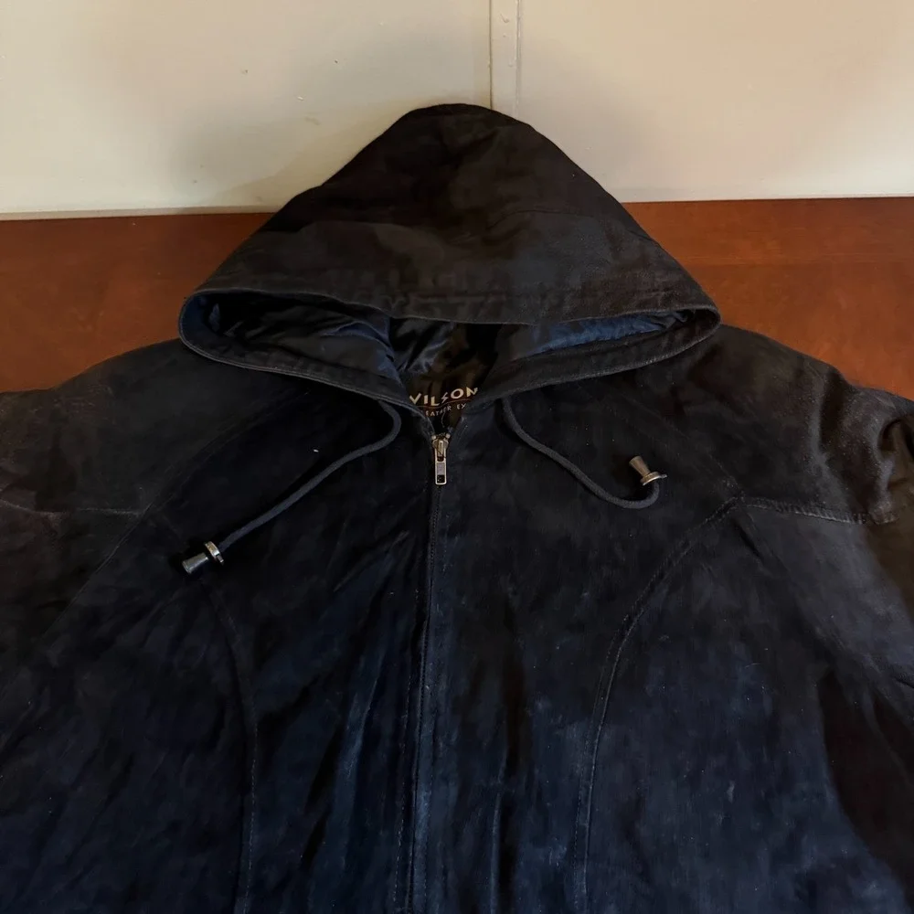 Vintage Wilsons Leather Black‎ Hooded Parka Jacket Mens Medium 90s